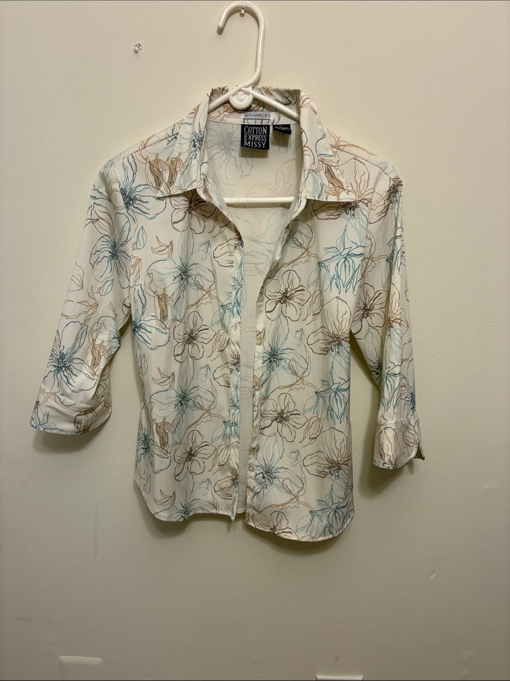 Cotton Express Cream Button-Down Shirt with Blue & Brown Floral Print